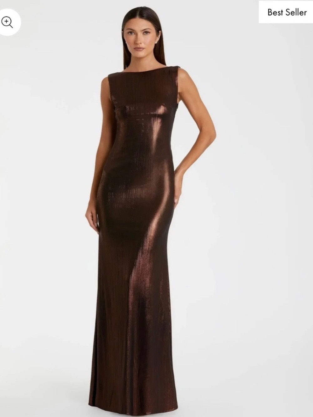 lEENA FOR MAC DUGGAL Brown Metallic Jersey Cowl Back Column Gown